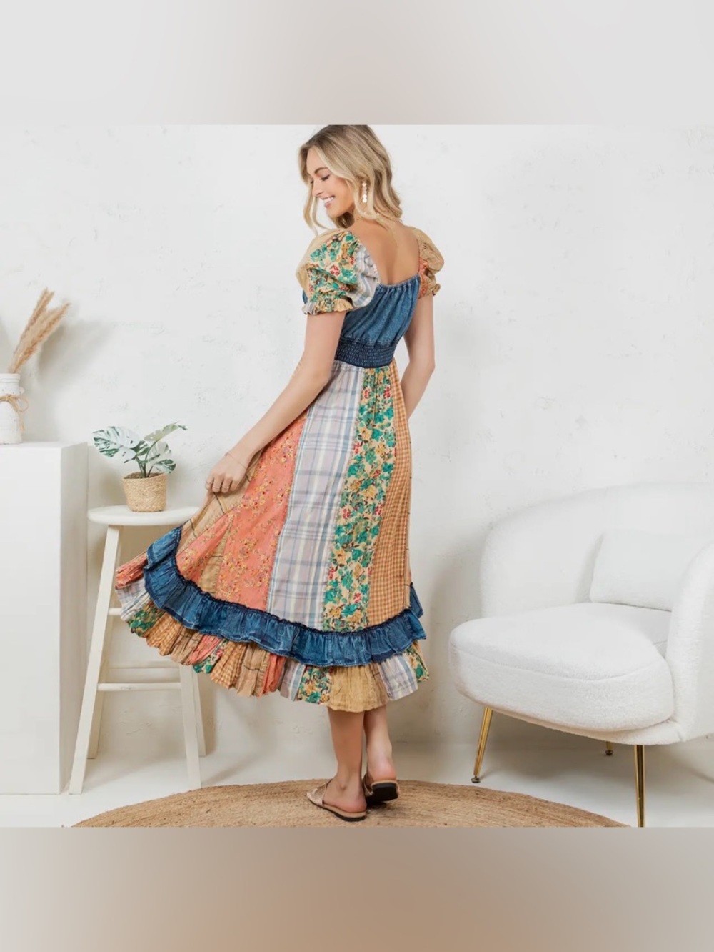 NWT Fair Trade Vegan Ruffled Asym Patchwork Boho Hem Midi Dress Sweet heart neck - Picture 3 of 7